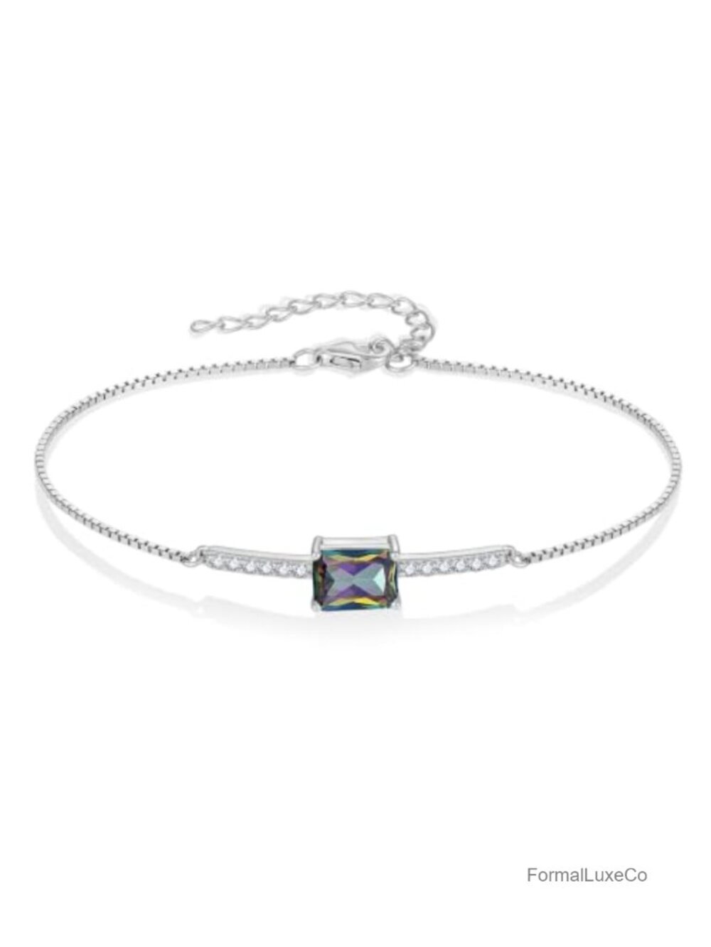 Sterling Silver Halo Rectangular Cut Birthstone Bracelet, 17cm Chain